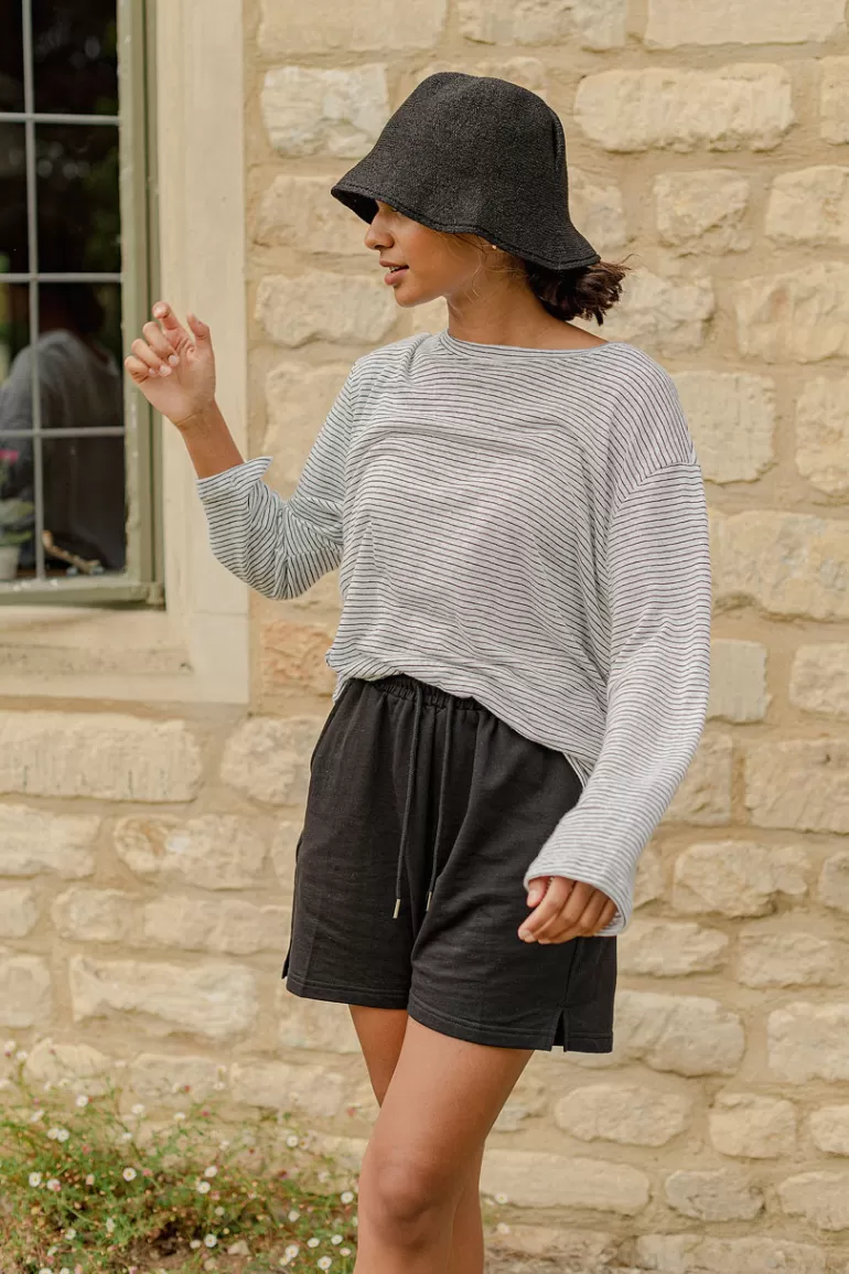 Women Olive Clothing Linen Blend Stripe Tee, Ivory