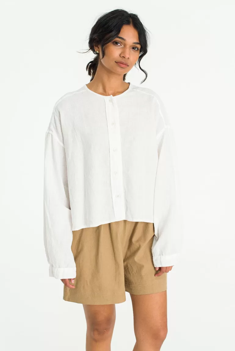 Women Olive Clothing Linen Button Shirt, Ivory
