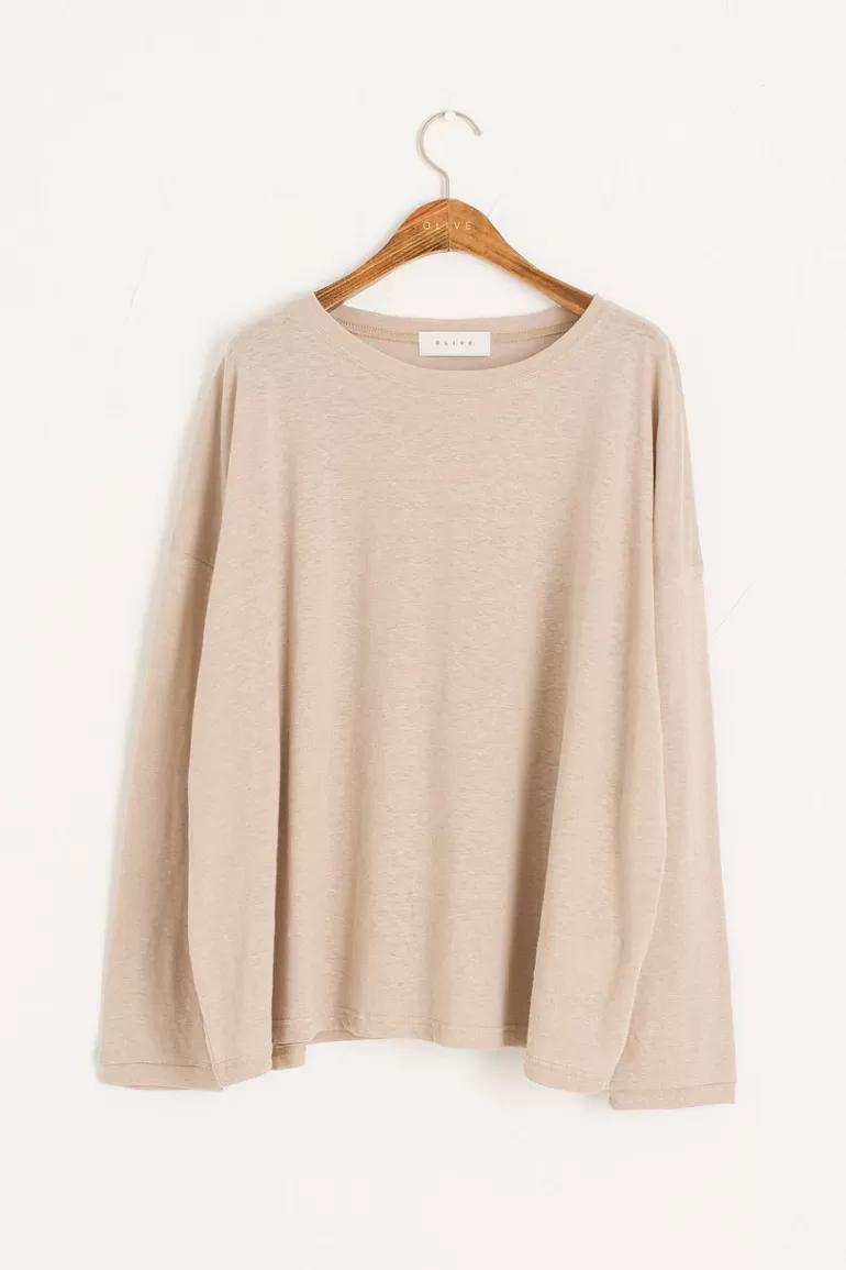 Women Olive Clothing Linen Mix Basic Tee, Beige
