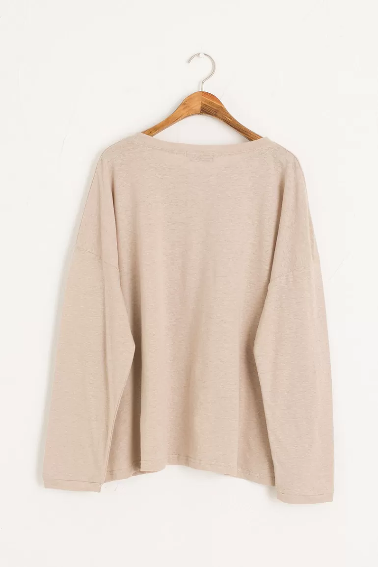 Women Olive Clothing Linen Mix Basic Tee, Beige