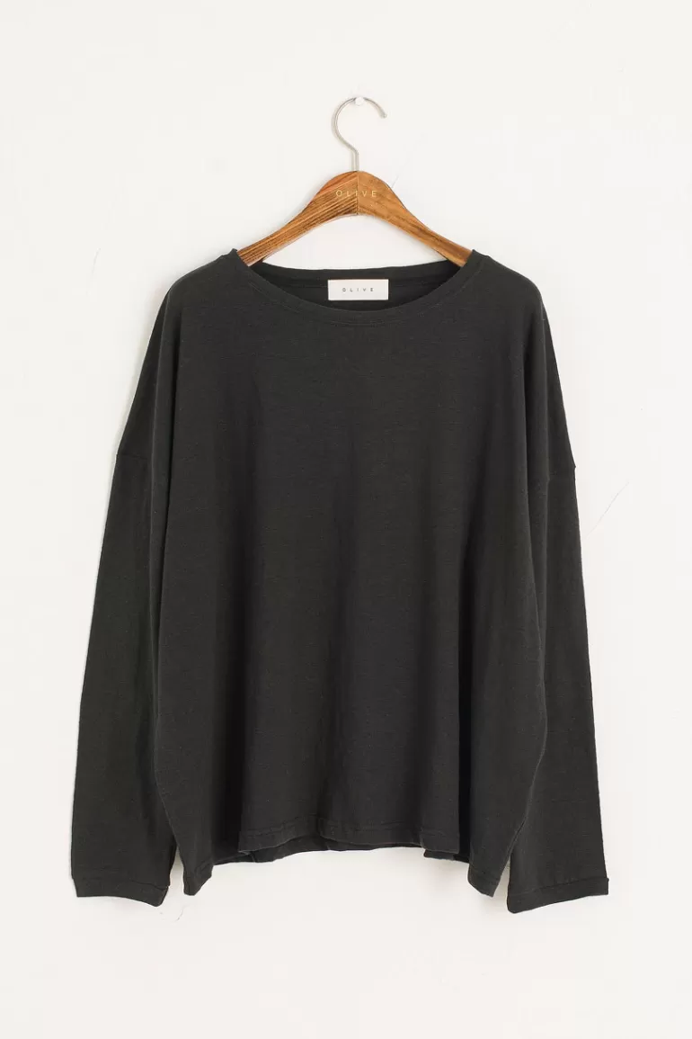 Women Olive Clothing Linen Mix Basic Tee, Black