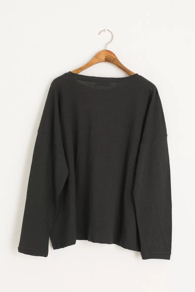 Women Olive Clothing Linen Mix Basic Tee, Black