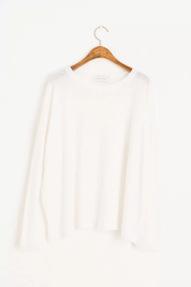 Women Olive Clothing Linen Mix Basic Tee, Ivory