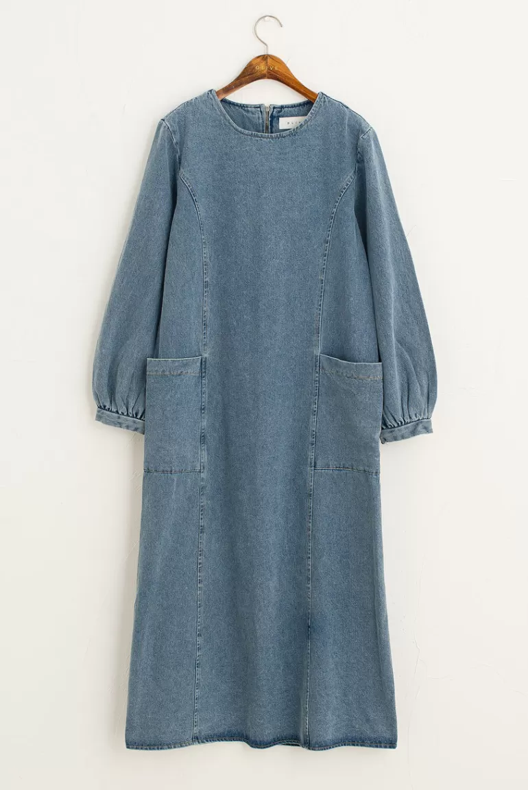 Women Olive Clothing Long Pocket Denim Dress, Mid Blue
