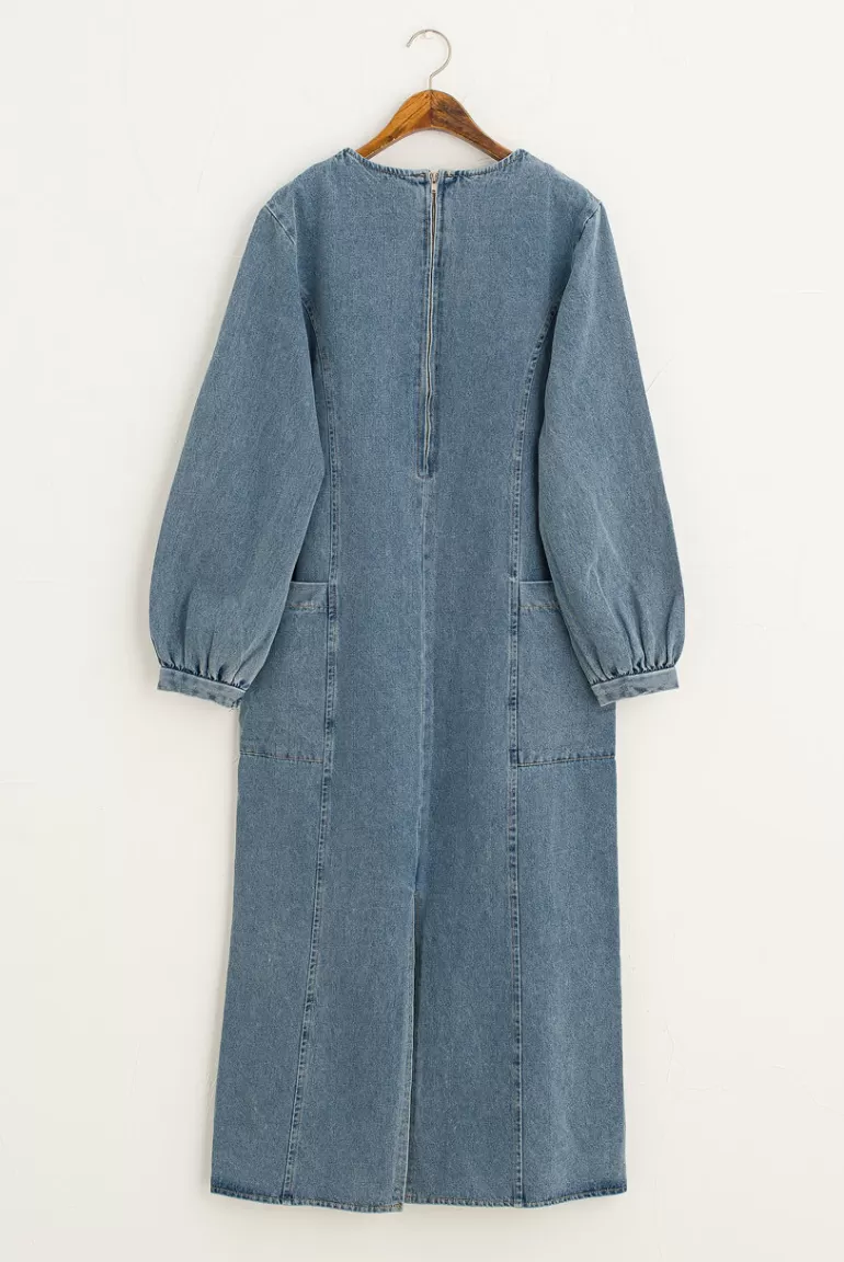 Women Olive Clothing Long Pocket Denim Dress, Mid Blue