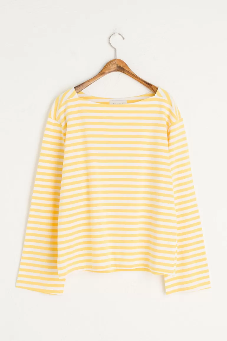 Women Olive Clothing Loose Fit Stripe Tee, Ivory/Lemon