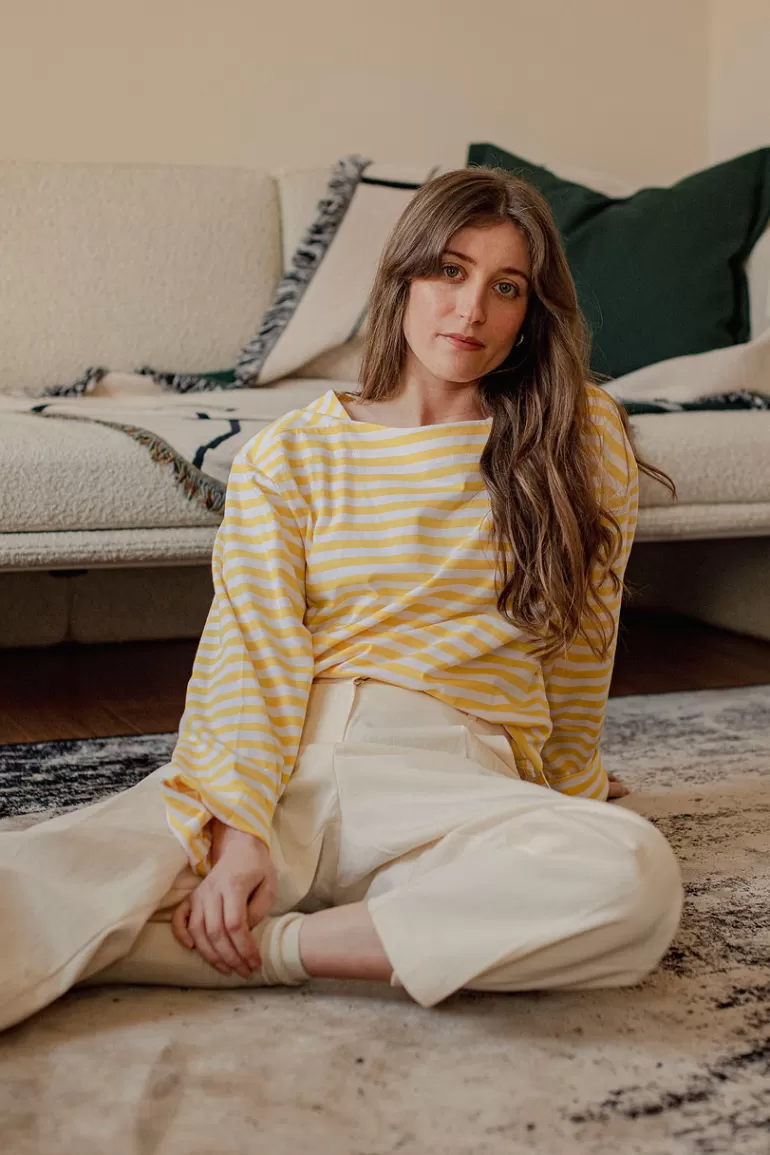 Women Olive Clothing Loose Fit Stripe Tee, Ivory/Lemon