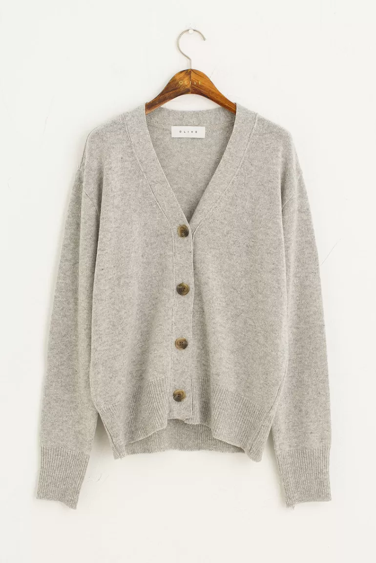 Women Olive Clothing Melange V Neck Cardigan, Light Grey