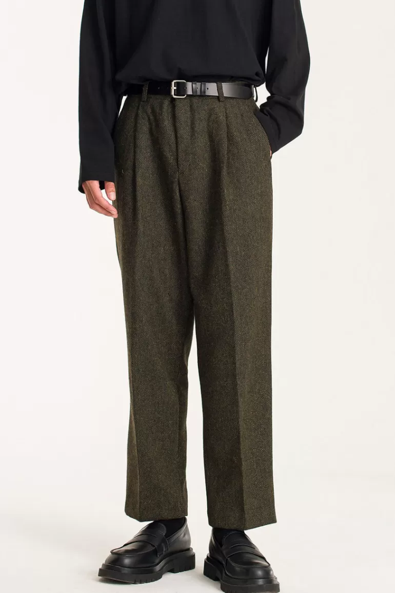 Men Olive Clothing Menswear | Heiko Wool Herringbone Trousers, Forest