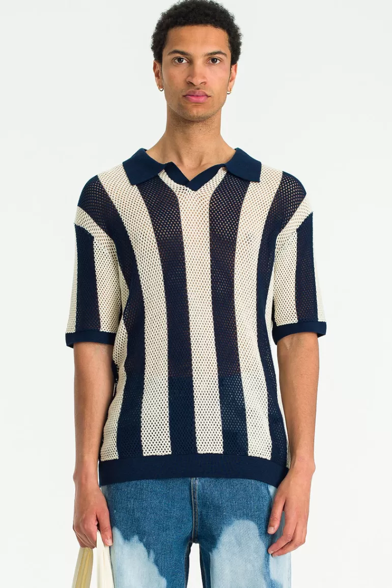 Men Olive Clothing Menswear | Net Stripe Polo, Navy