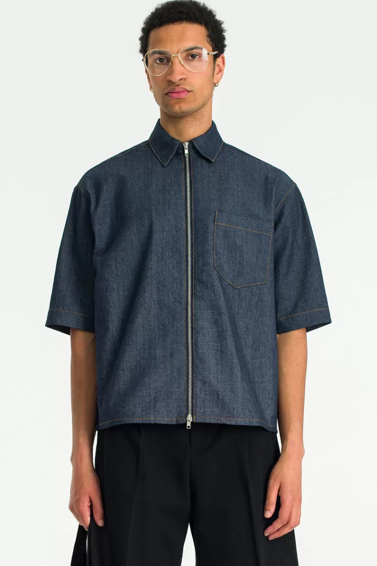 Men Olive Clothing Menswear | Short Sleeve Denim Overshirt, Indigo