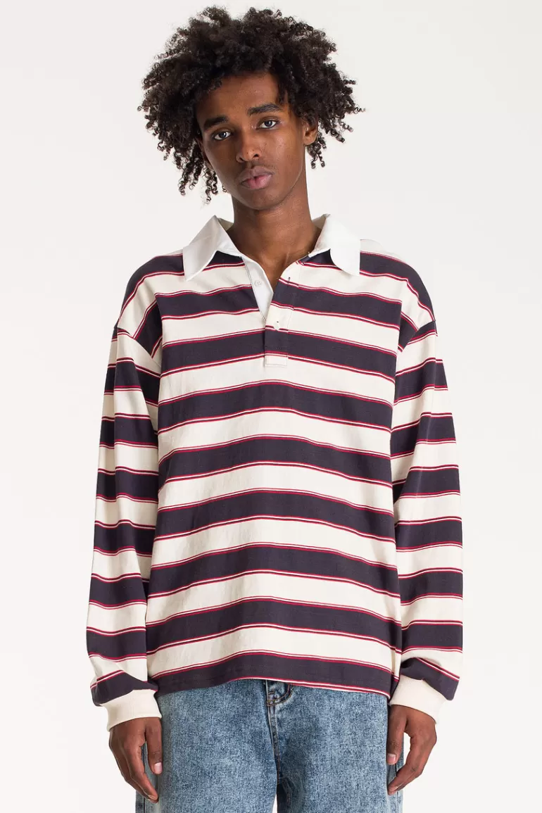 Men Olive Clothing Menswear | Striped Rugby Tee, Ivory/Charcoal