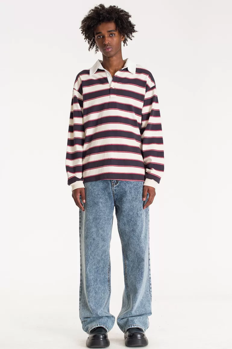 Men Olive Clothing Menswear | Striped Rugby Tee, Ivory/Charcoal