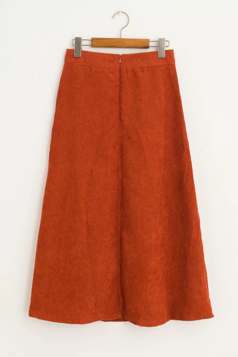 Women Olive Clothing Mid Length Cord Skirt, Rust