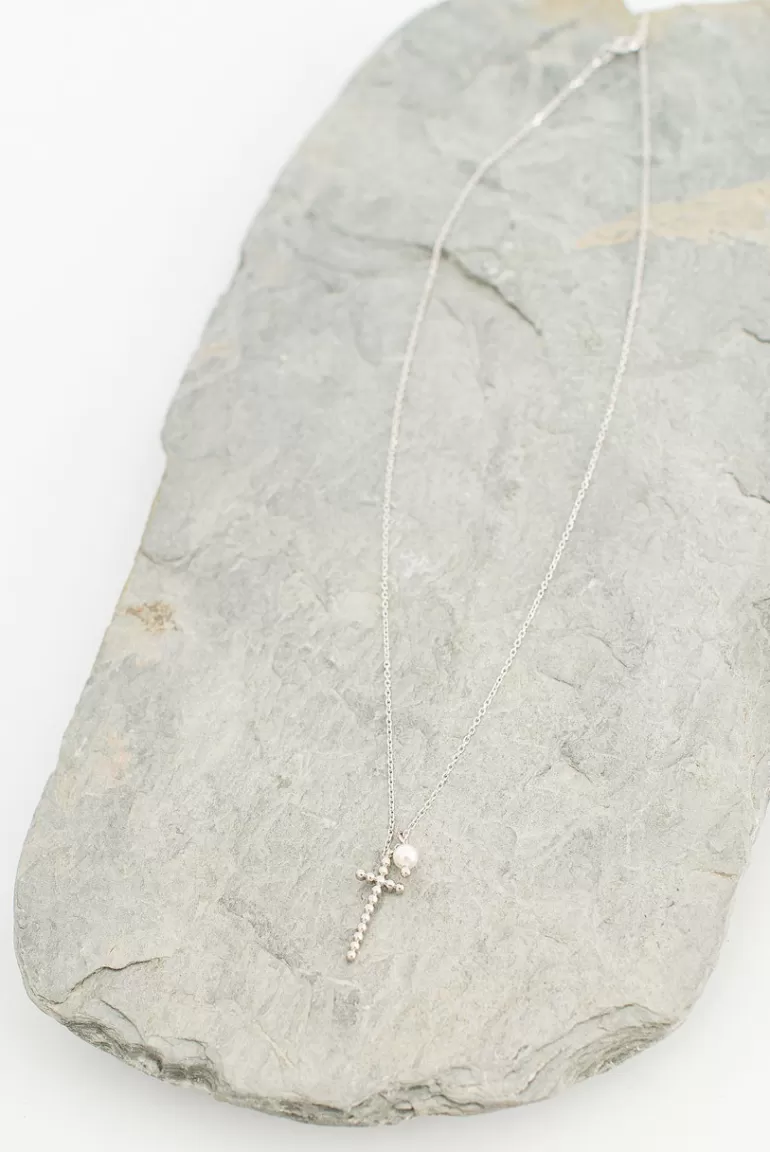Women Olive Clothing Mini Cross Drop Necklace, Sterling Silver