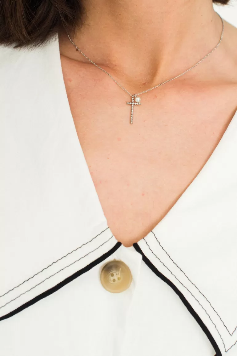 Women Olive Clothing Mini Cross Drop Necklace, Sterling Silver