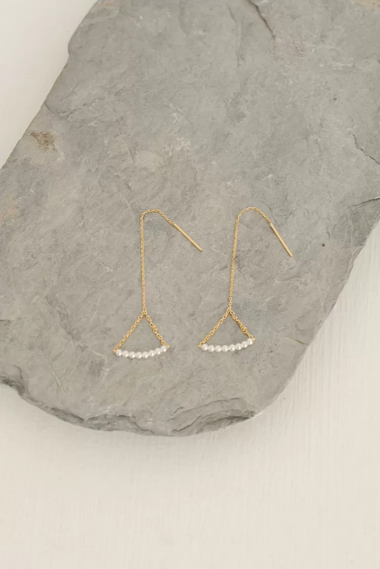 Women Olive Clothing Mini Pearl Bar Drop Earrings, 14K Gold Plated