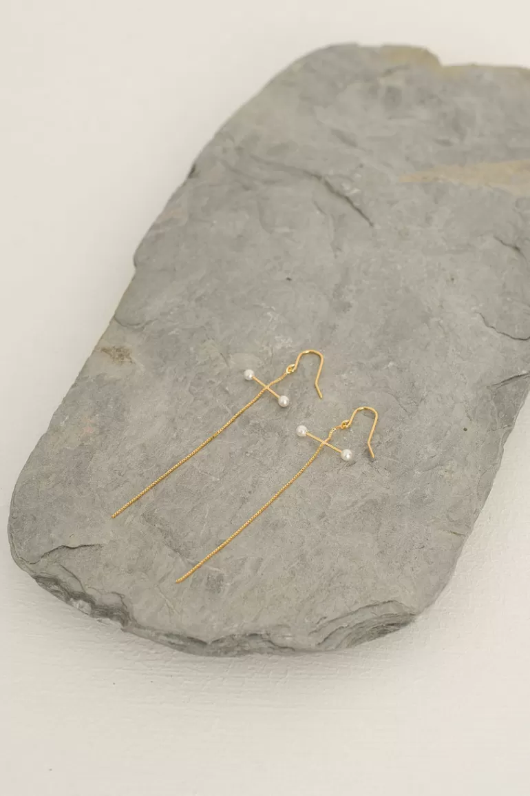 Women Olive Clothing Mini Pearl Bar Earrings, 14K Gold Plated