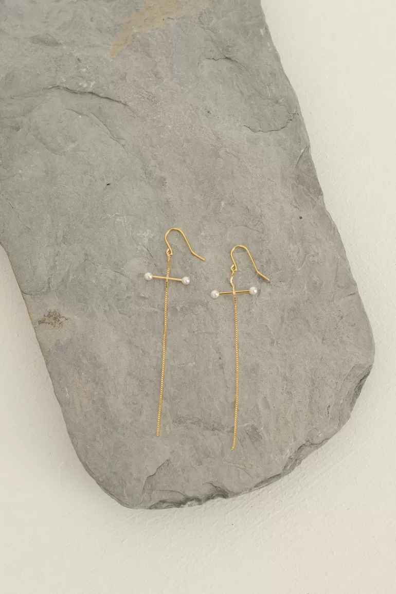 Women Olive Clothing Mini Pearl Bar Earrings, 14K Gold Plated