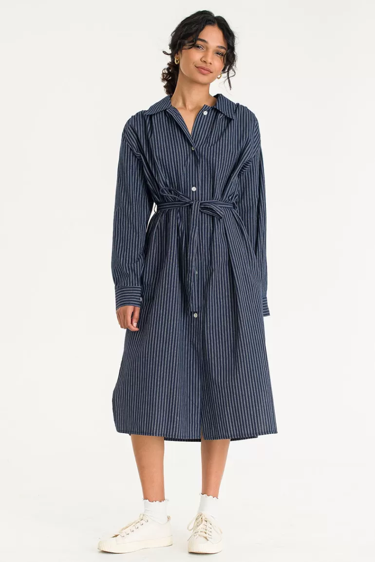 Women Olive Clothing Misu Pinstripe Dress, Navy