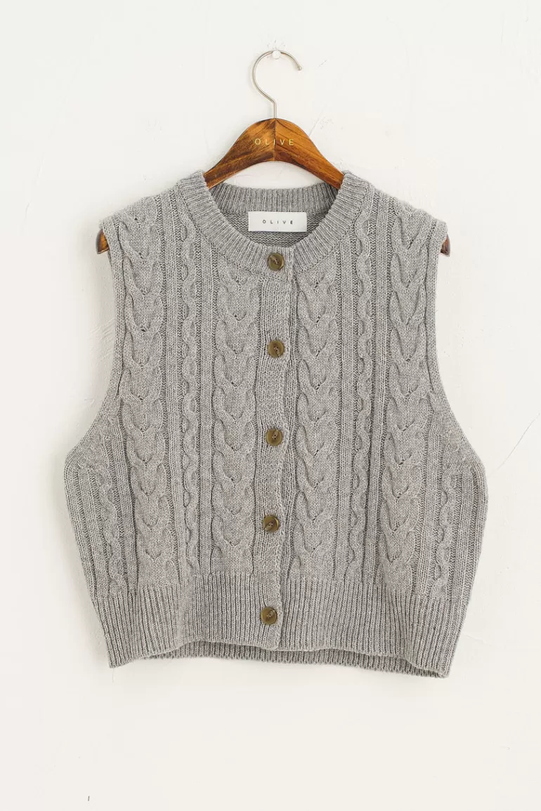 Women Olive Clothing Mix Cable Button Vest, Grey