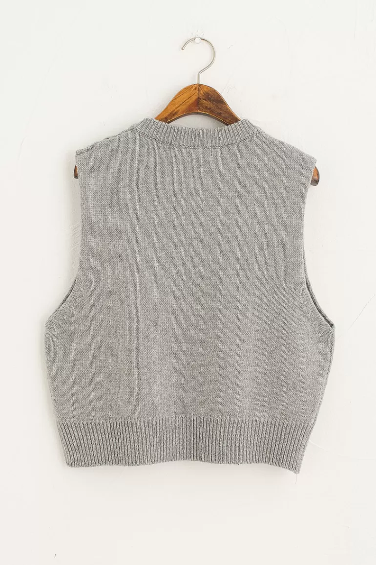 Women Olive Clothing Mix Cable Button Vest, Grey