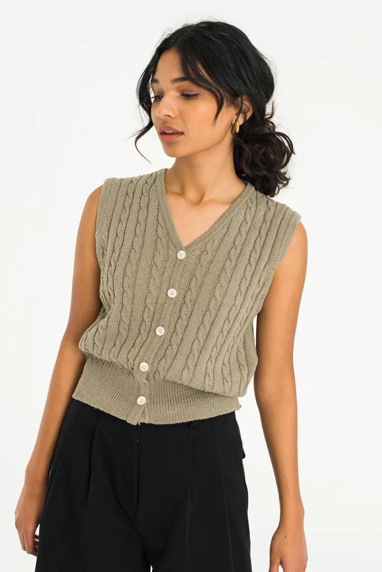 Women Olive Clothing Mizu Button Vest, Khaki