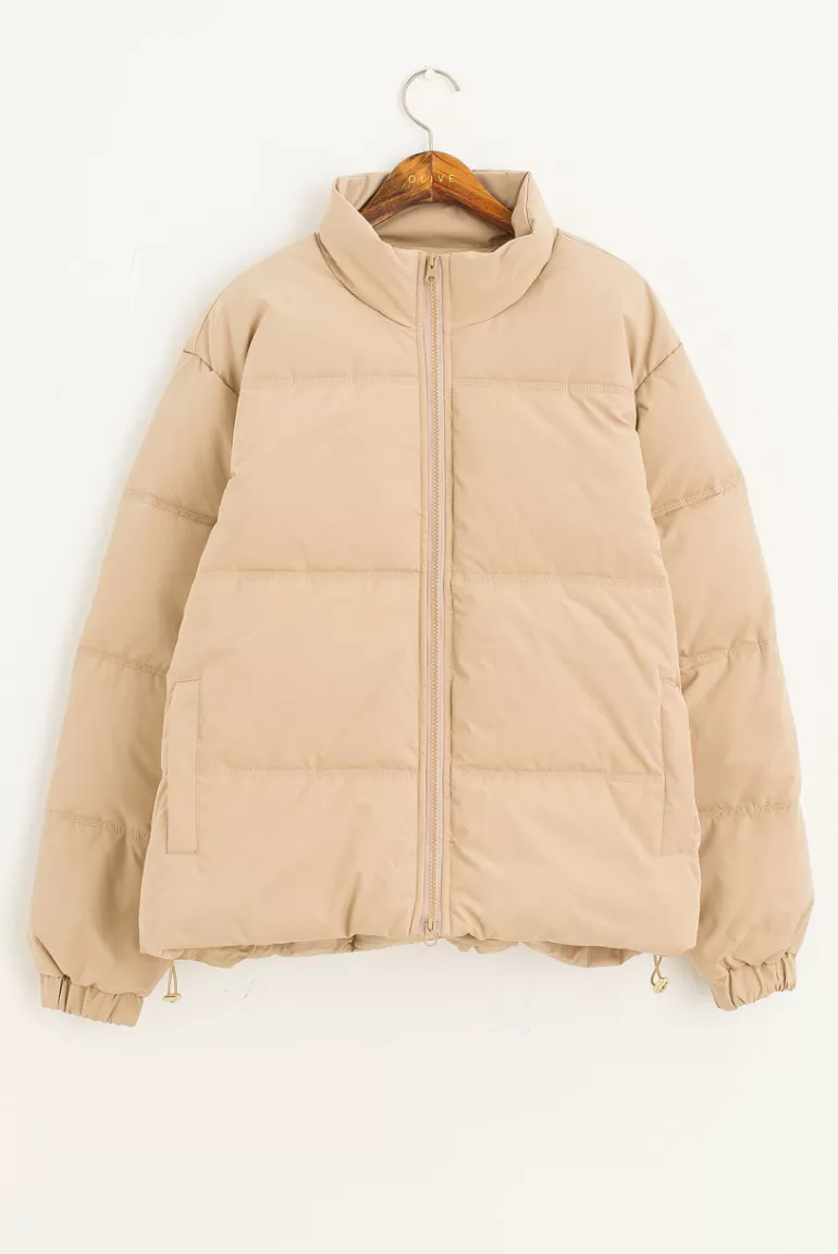 Women Olive Clothing Mock Neck Padded Jacket, Beige