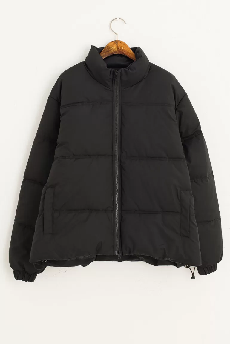 Women Olive Clothing Mock Neck Padded Jacket, Black