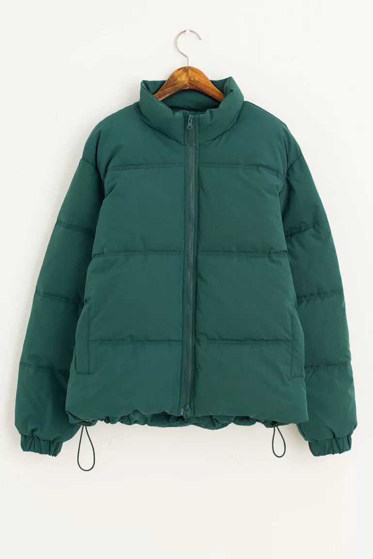 Women Olive Clothing Mock Neck Padded Jacket, Green
