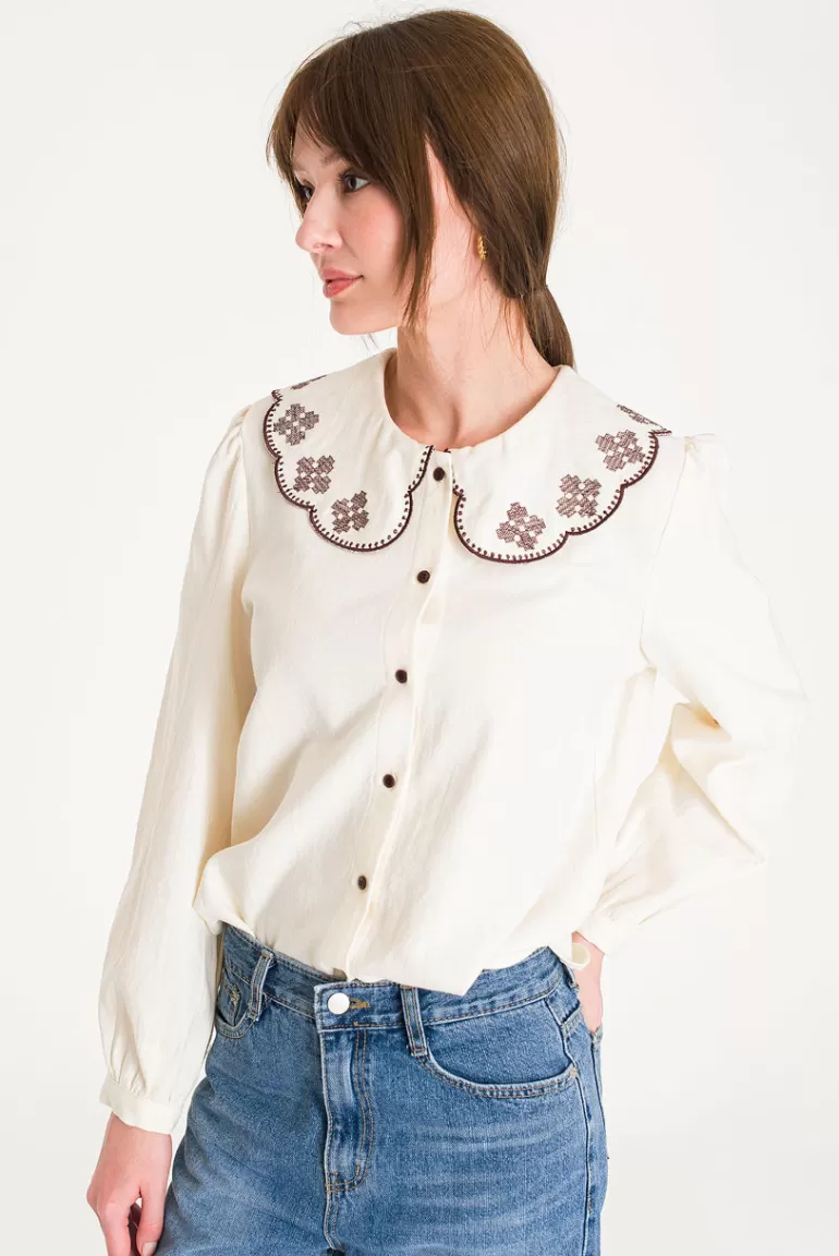 Women Olive Clothing Momi Embroidery Blouse, Ivory