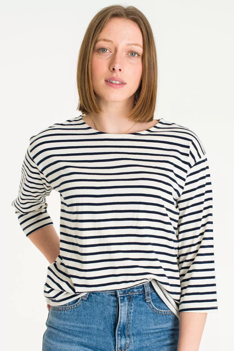 Women Olive Clothing Momo Boat Neck Stripe Tee, Navy