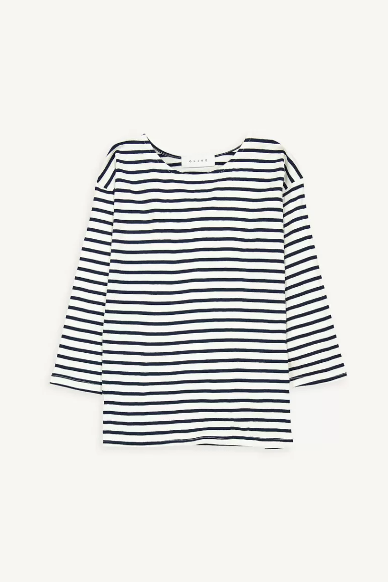 Women Olive Clothing Momo Boat Neck Stripe Tee, Navy