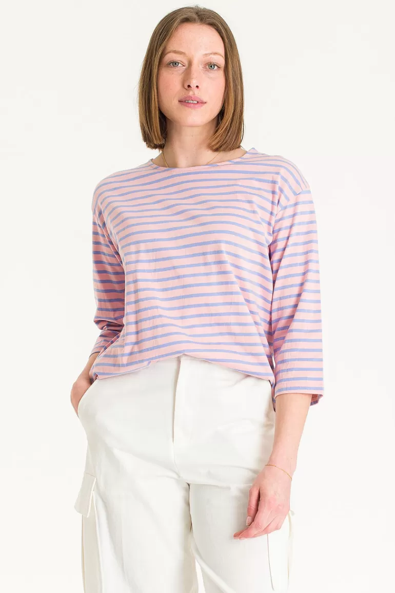 Women Olive Clothing Momo Boat Neck Stripe Tee, Pink