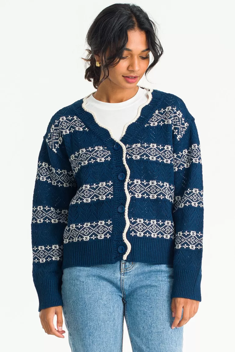 Women Olive Clothing Momo Jacquard Cardigan, Navy