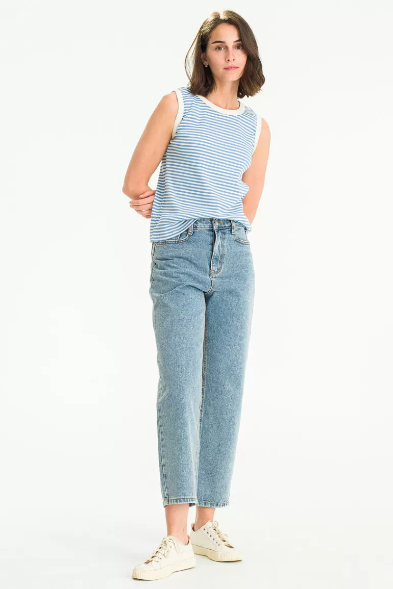 Women Olive Clothing Momo Stripe Sleeveless Tee, Blue