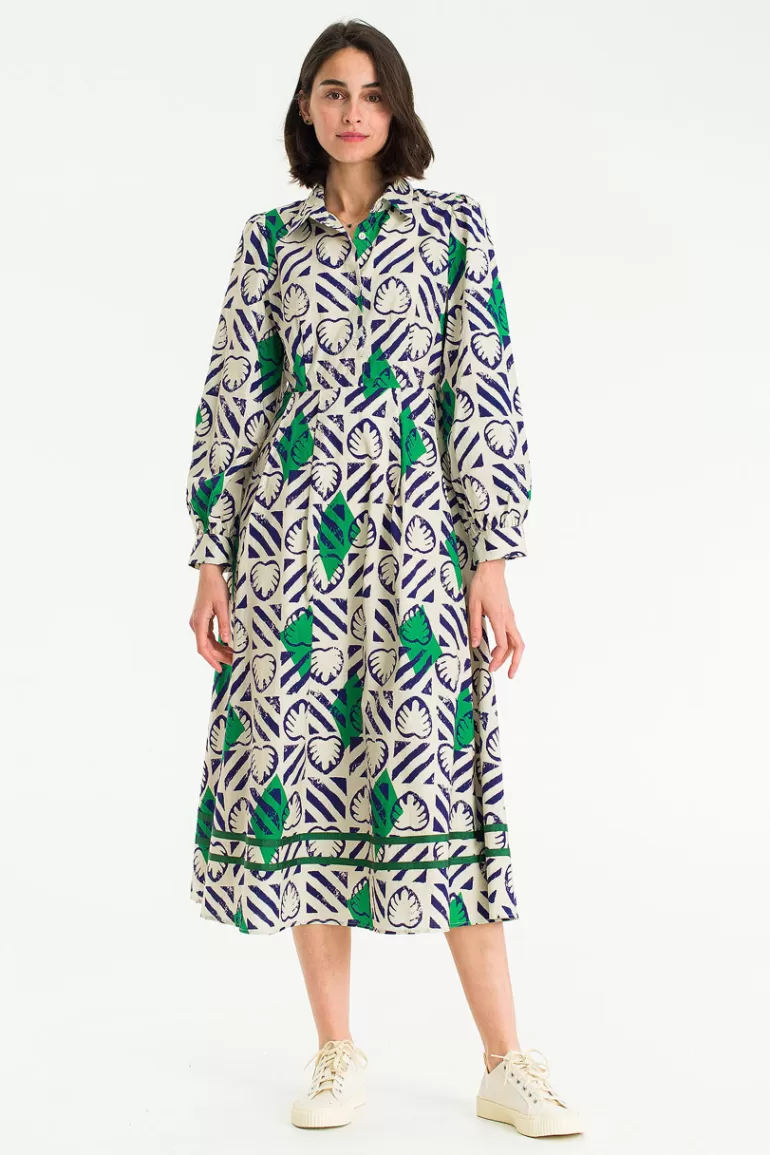 Women Olive Clothing Monstera Print Dress, Cobalt