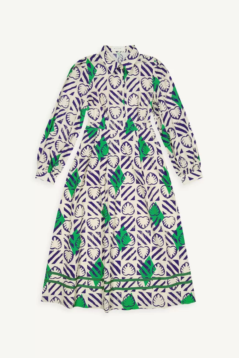 Women Olive Clothing Monstera Print Dress, Cobalt