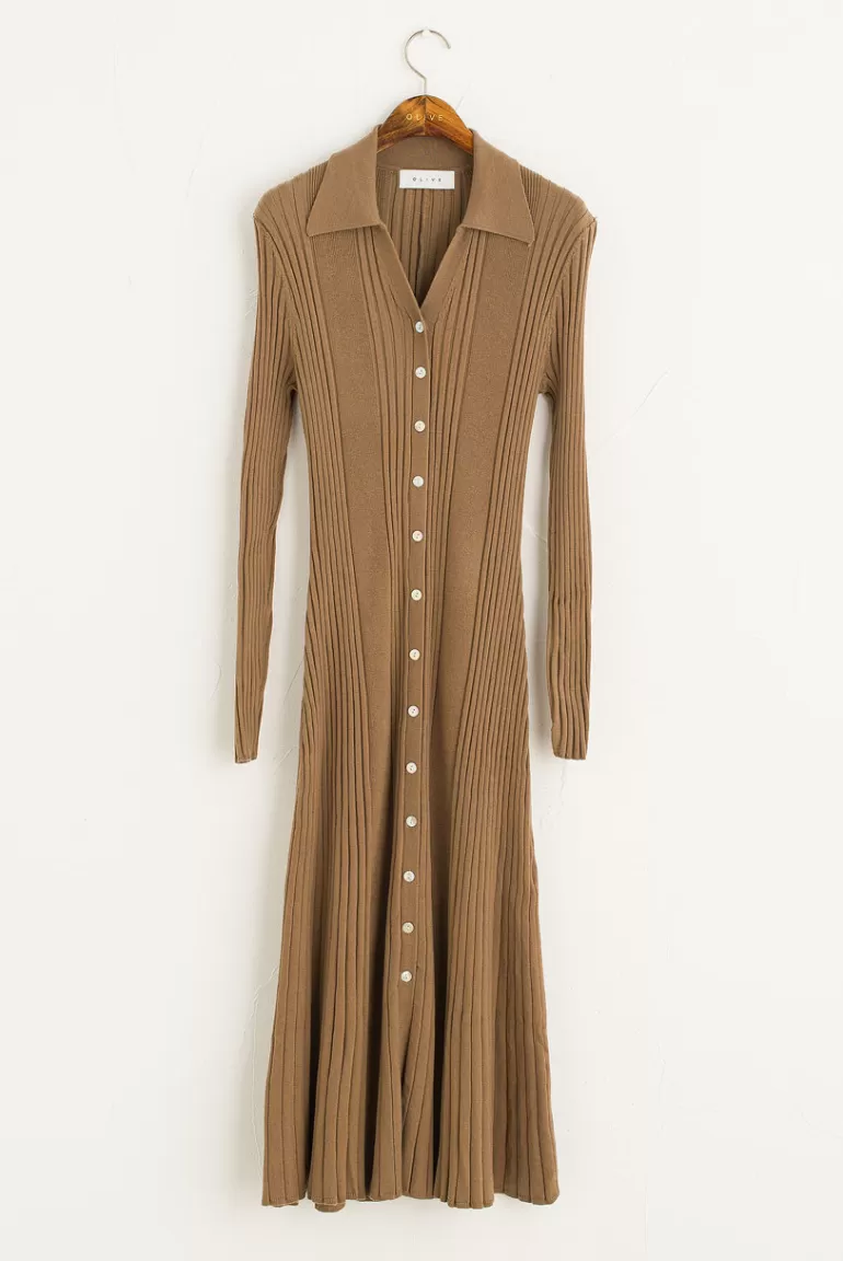 Women Olive Clothing Mother Of Pearl Button Knitted Dress, Chestnut