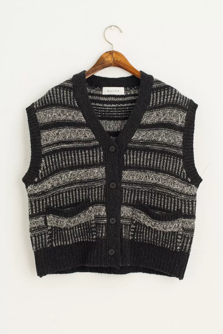 Women Olive Clothing Multi Patterned Chunky Vest, Charcoal