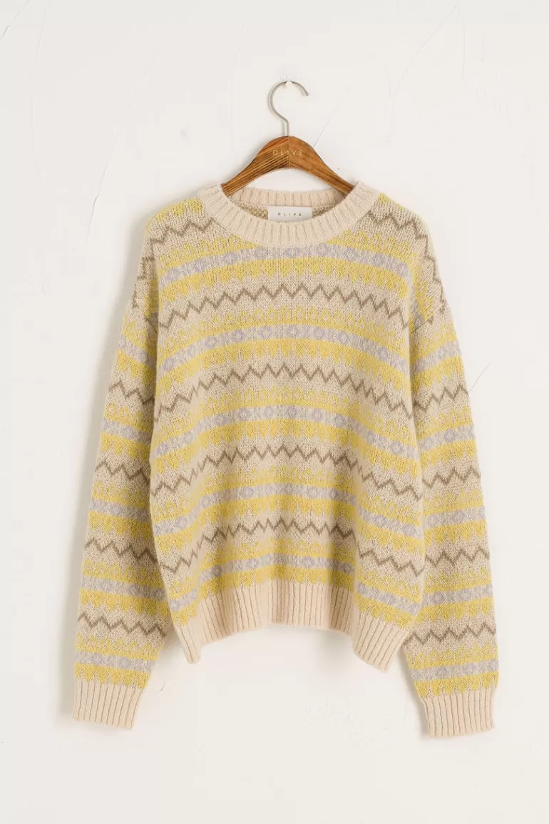 Women Olive Clothing Multi Patterned Knit Jumper, Ivory