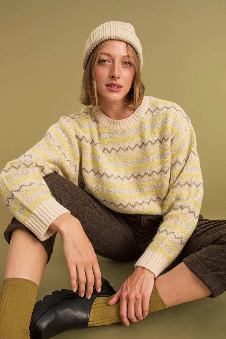 Women Olive Clothing Multi Patterned Knit Jumper, Ivory