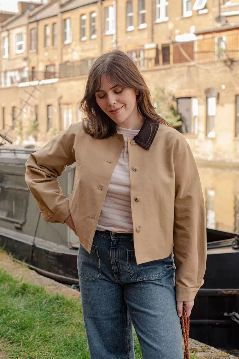 Women Olive Clothing Needlecord Collar Jacket, Beige