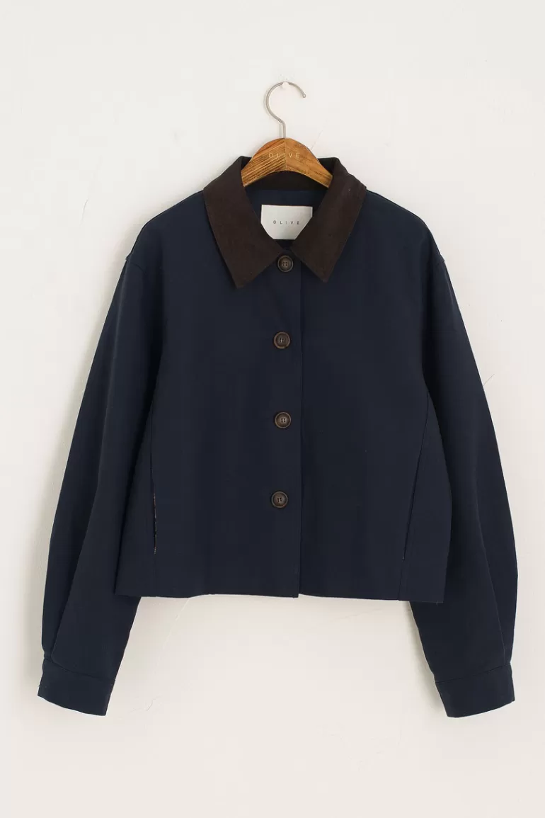 Women Olive Clothing Needlecord Collar Jacket, Navy