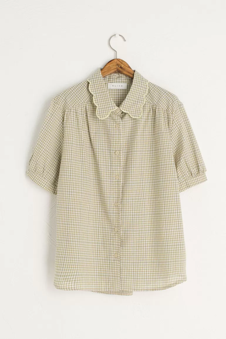 Women Olive Clothing Nori Check Blouse, Beige