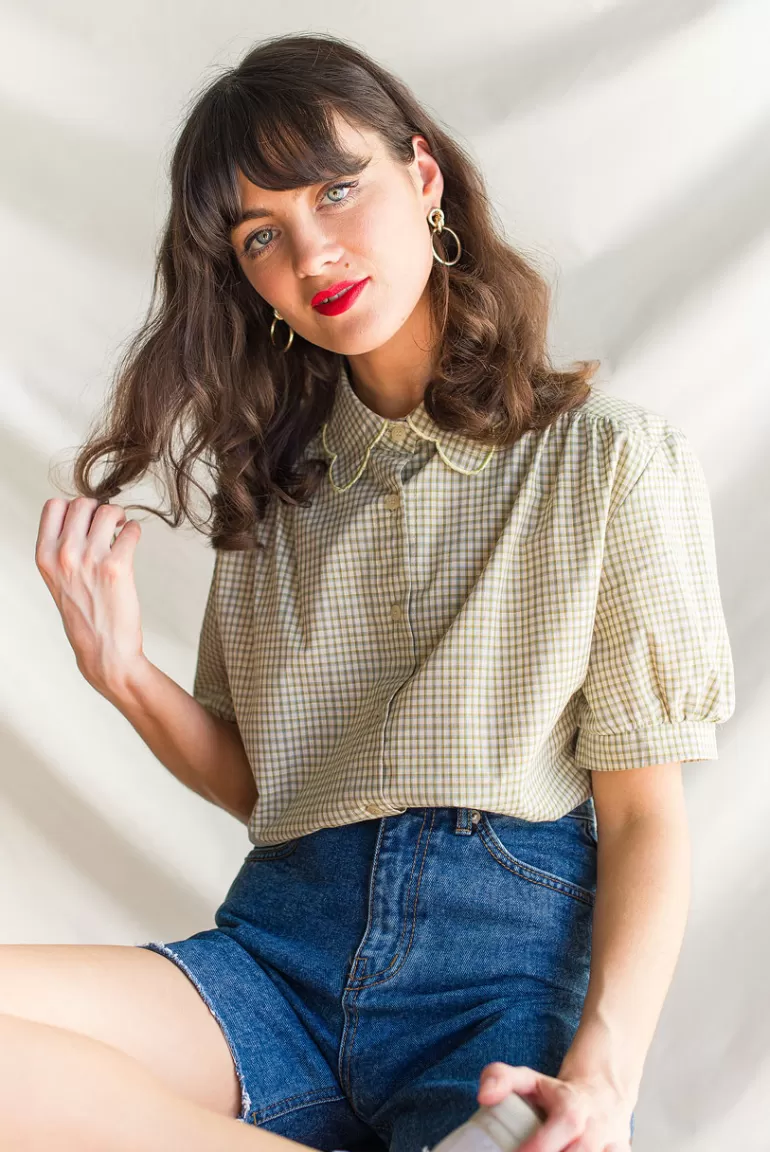 Women Olive Clothing Nori Check Blouse, Beige