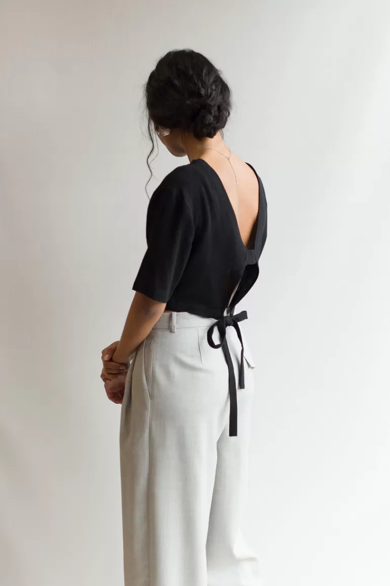 Women Olive Clothing Open Back Cropped Top, Black