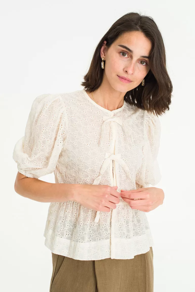 Women Olive Clothing Open Ribbon Blouse, Ivory