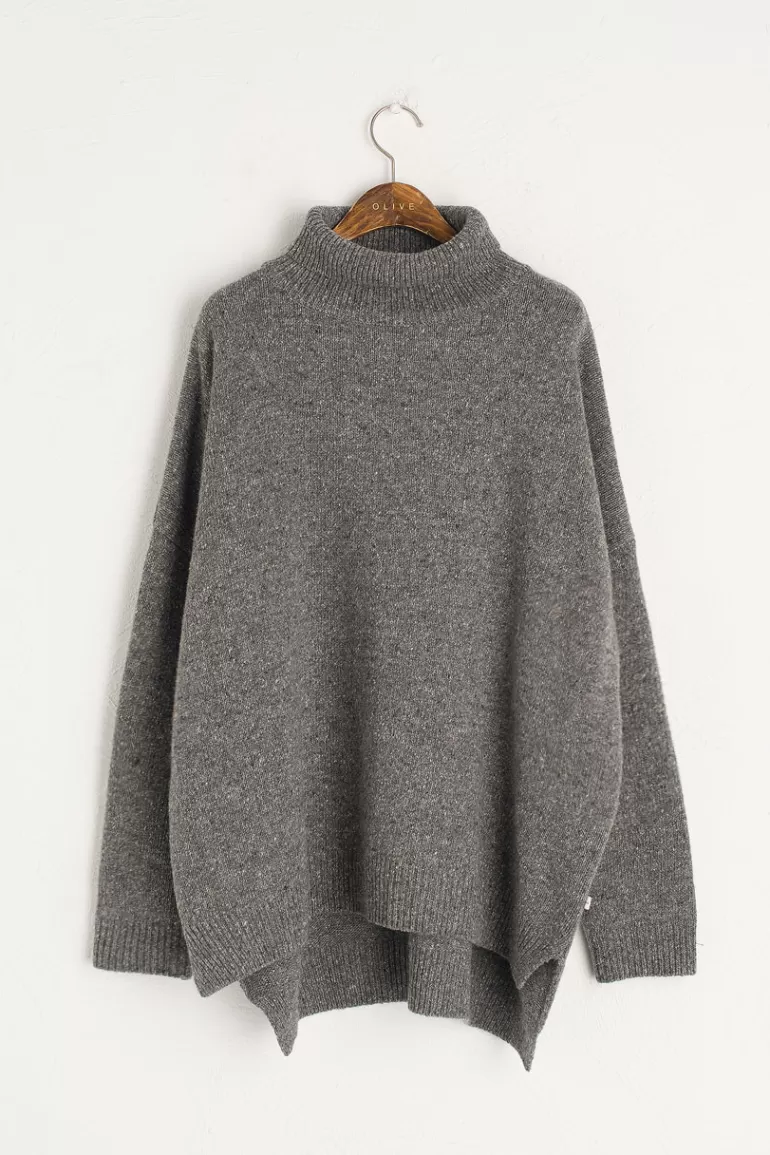 Women Olive Clothing Oversize Boucle Roll Neck Jumper, Mid Grey