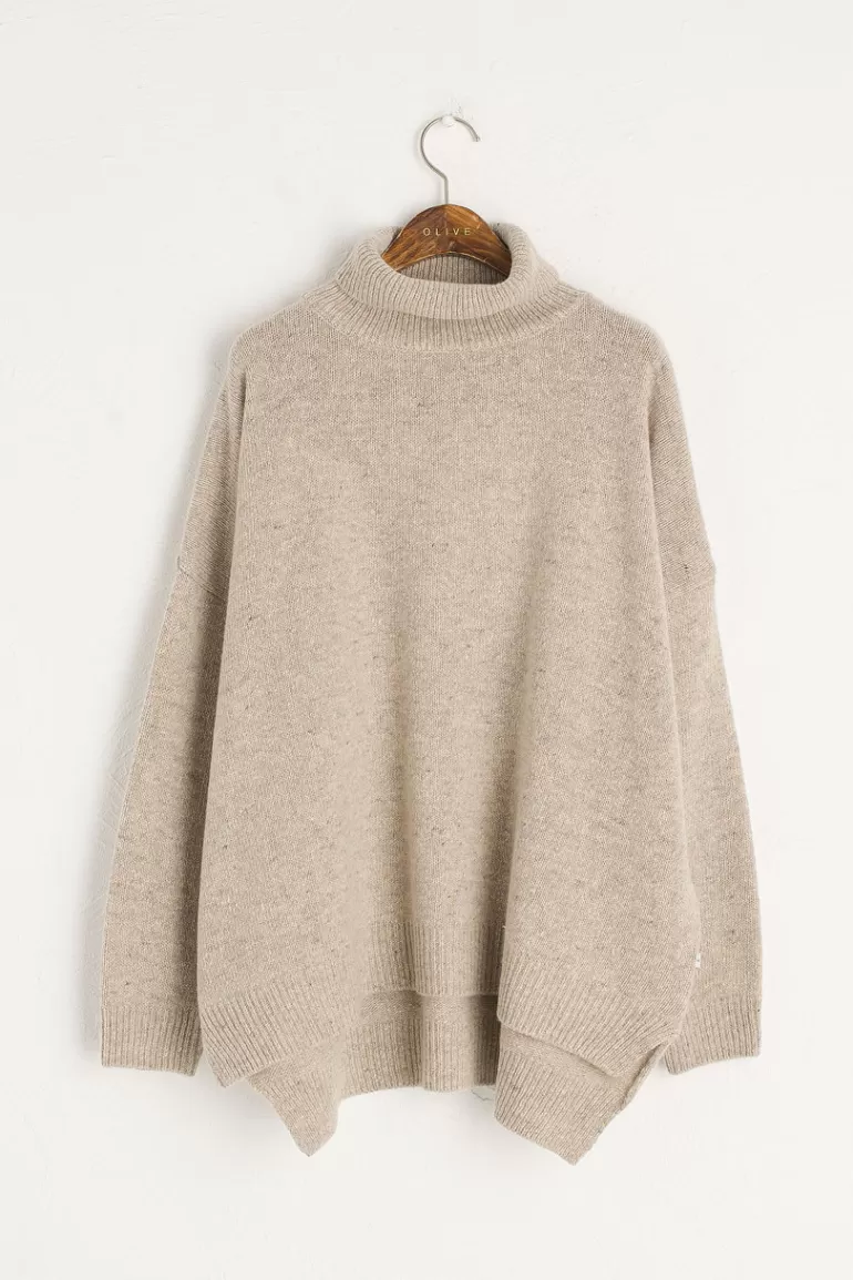 Women Olive Clothing Oversize Boucle Roll Neck Jumper, Pebble